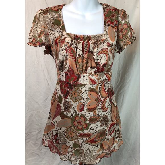 Dressbarn Tunic Top Women M Floral Smocked Square Neck Tie Waist Fairy Boho Y2K - Picture 5 of 5